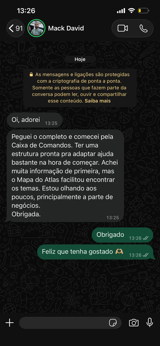 Mensagem de Mack David no WhatsApp: Peguei o completo e comecei pela Caixa de Comandos.