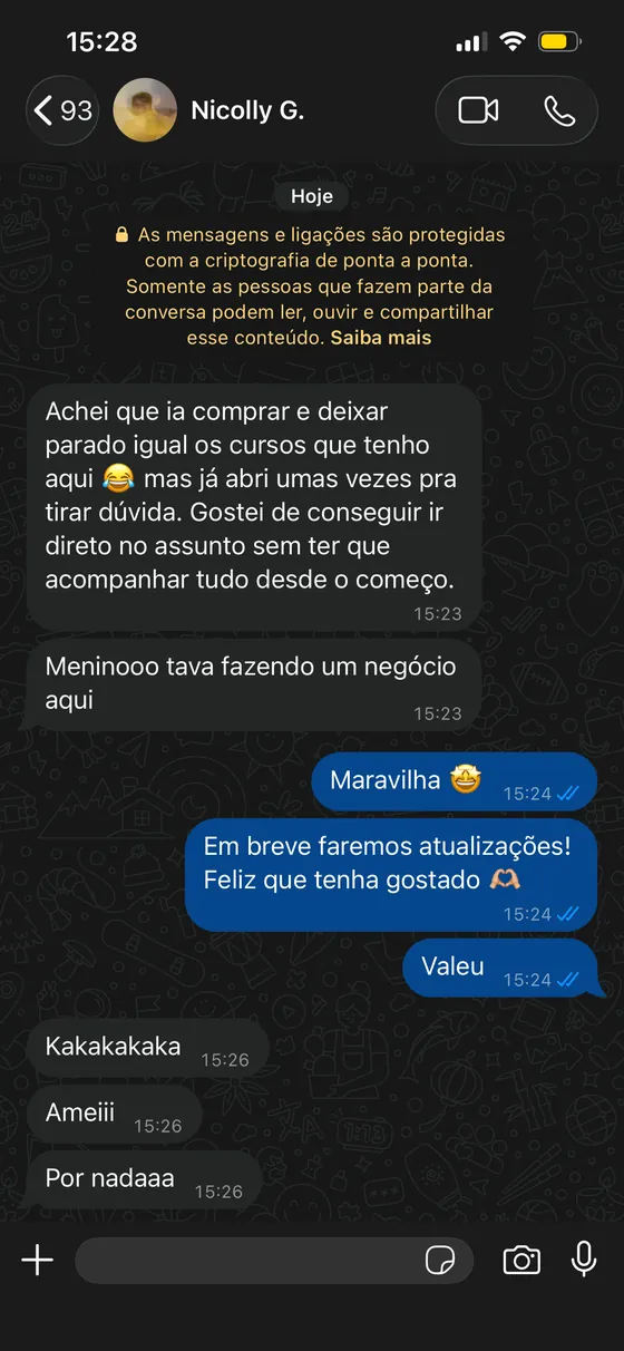 Mensagem de Nicolly G. no WhatsApp: Gostei de conseguir ir direto no assunto.