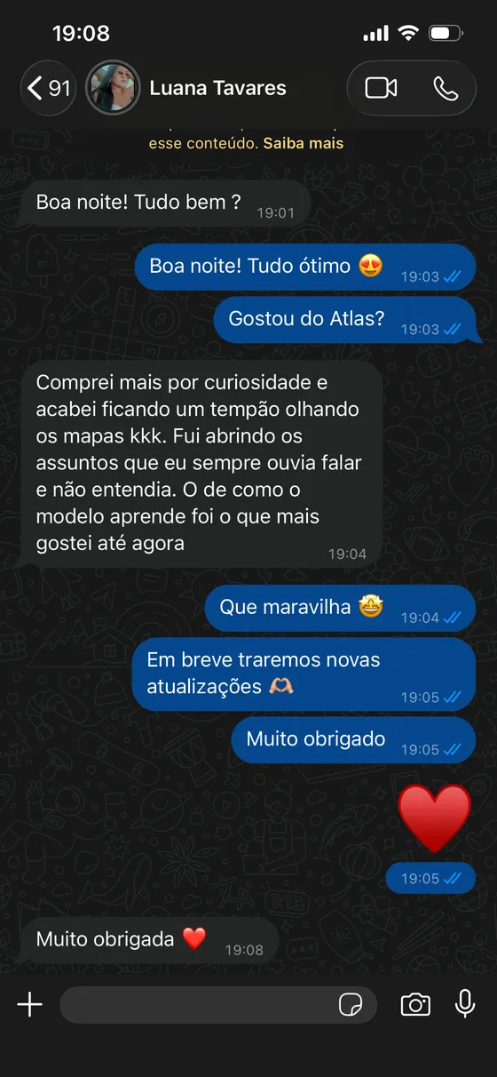 Mensagem de Luana Tavares no WhatsApp: Fiquei um tempão olhando os mapas.