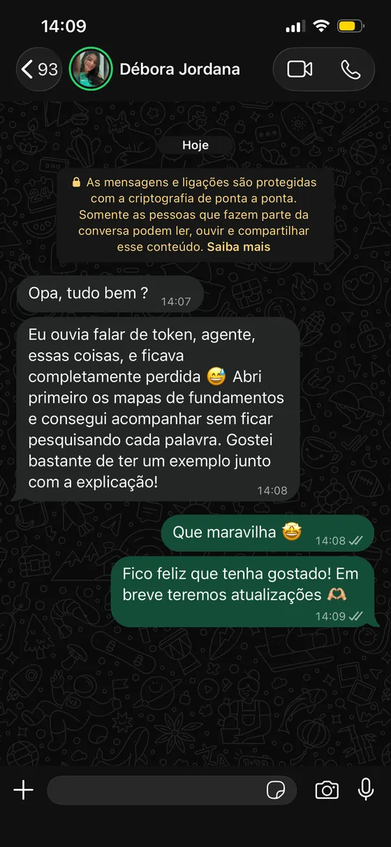 Mensagem de Débora Jordana no WhatsApp: Consegui acompanhar sem pesquisar cada palavra.